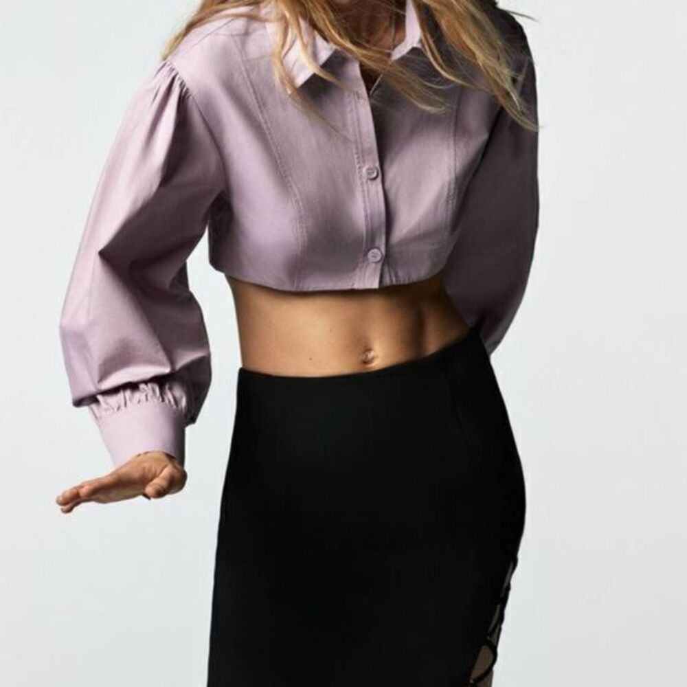 ZARA Purple Poplin Voluminous Long Sleeve Cropped Button Down Top  NWT